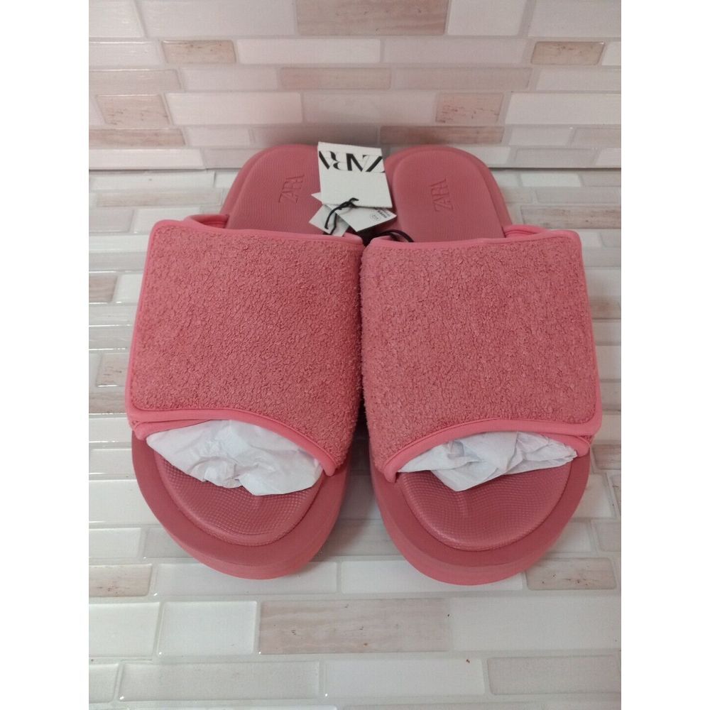 Zara Women Pink Terry Cloth Fastner Slip On Chunky Slip On Sandals‎ Size 11 - Picture 2 of 9
